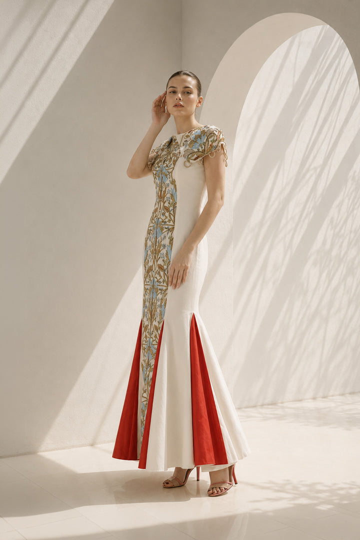 Ivory Gown With Vibrant Red Accents