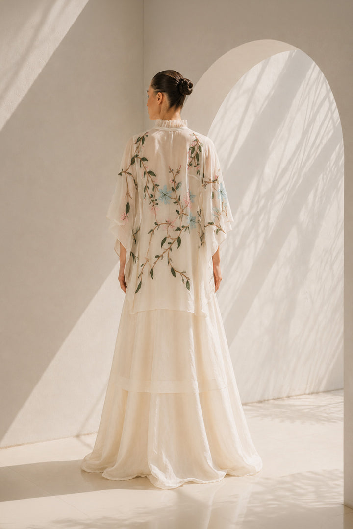 Ivory floral embroidered Cotton Silk kaftan