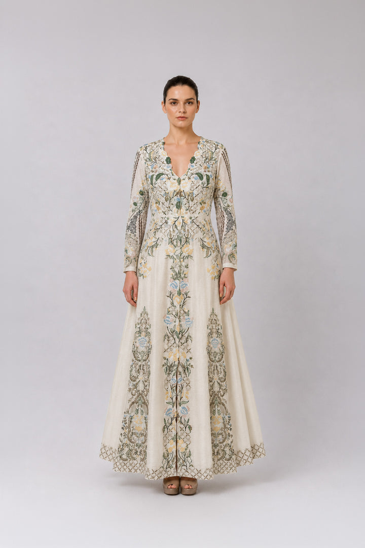 Ivory Embroidered Gown With Pastel Floral Motifs And Elegant V-Neckline.