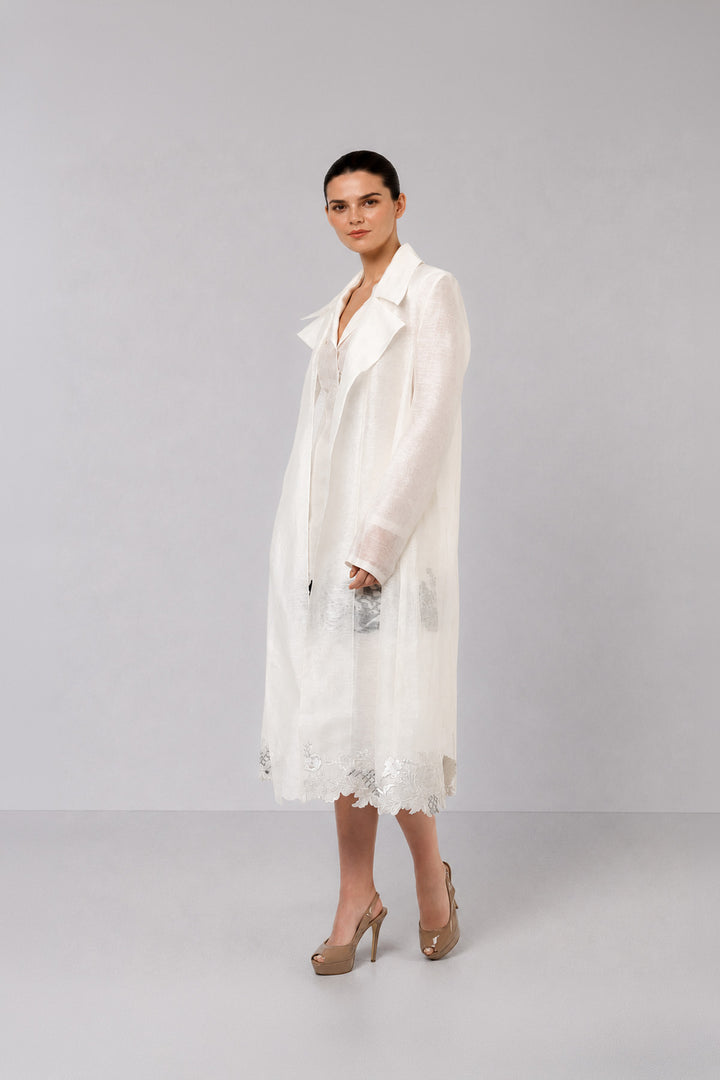 Ivory Layered Dress With Sheer Longline Overlay And Floral Applique Accents.