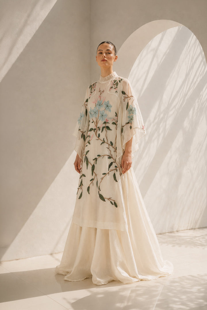 Ivory floral embroidered Cotton Silk kaftan