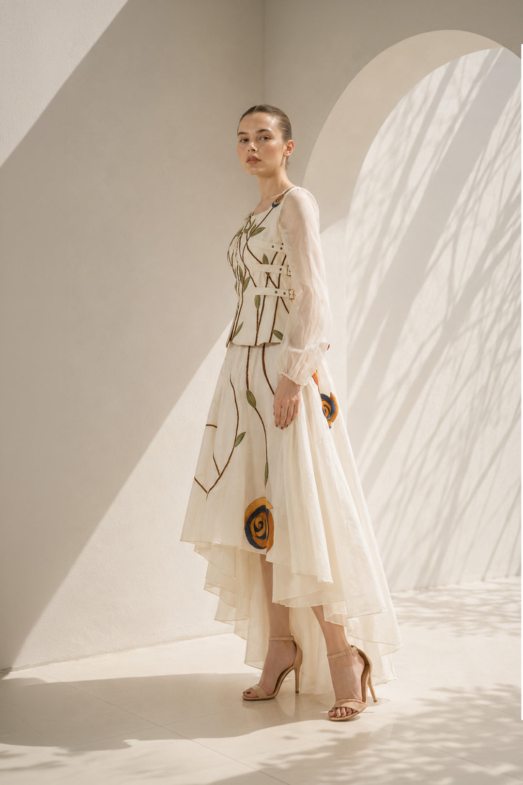 Ivory high-low floral embroidered gown