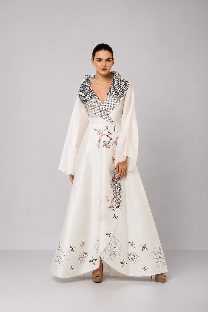 Ivory Wrap Gown With Statement Embroidered Collar And Sheer Bell Sleeves.