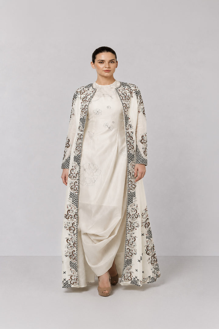 Ivory Embroidered Draped Dress With Longline Jacket And Contemporary Floral Motifs.