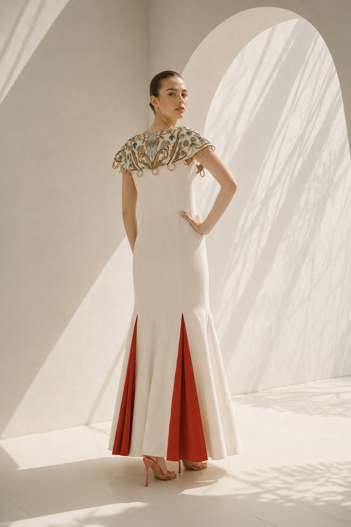 Ivory Gown With Vibrant Red Accents