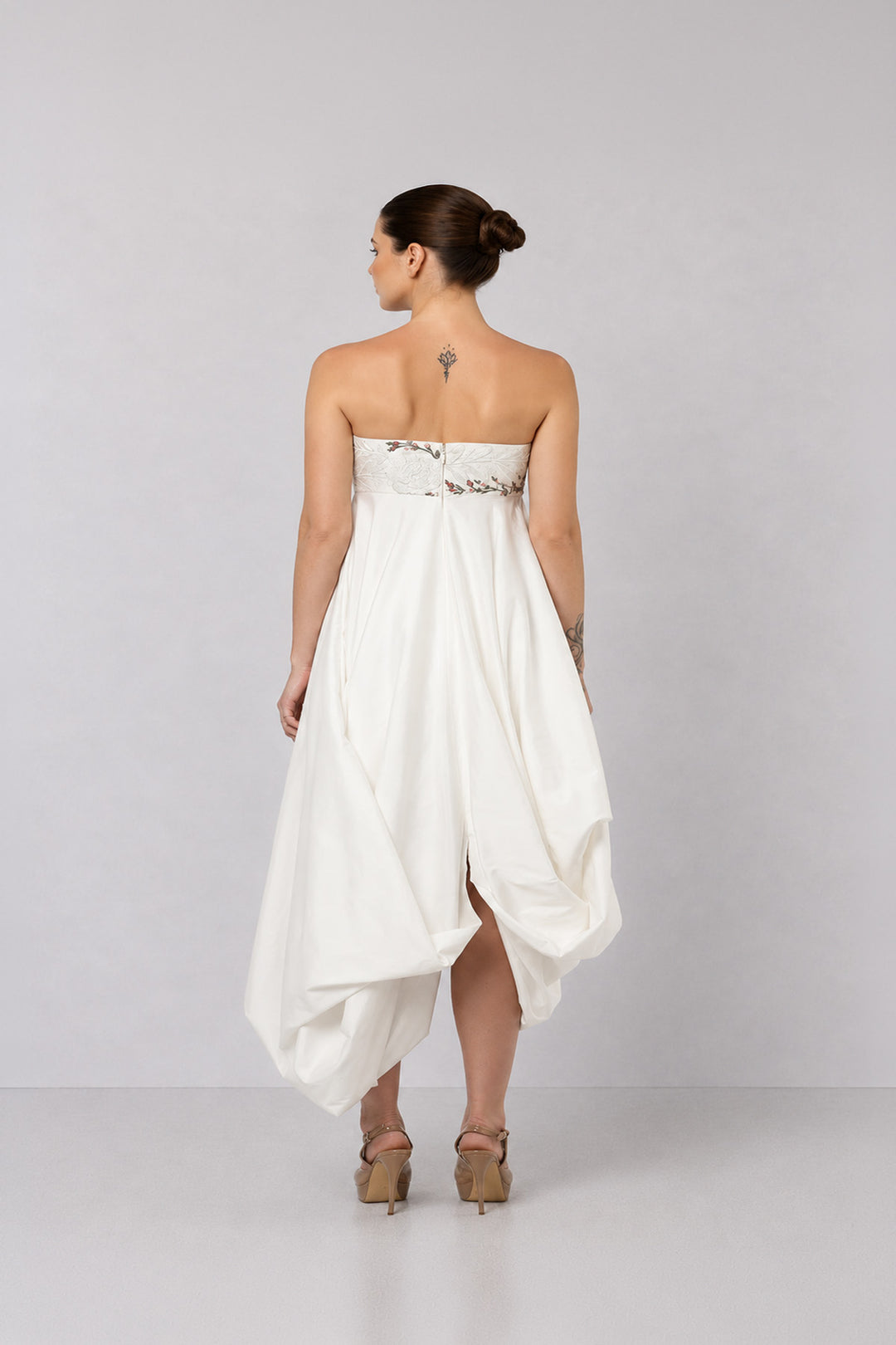 Ivory Embroidered Layered Dress Featuring A Draped Front Panel, Floral Detailing And Elegant Open-Front Overlay.