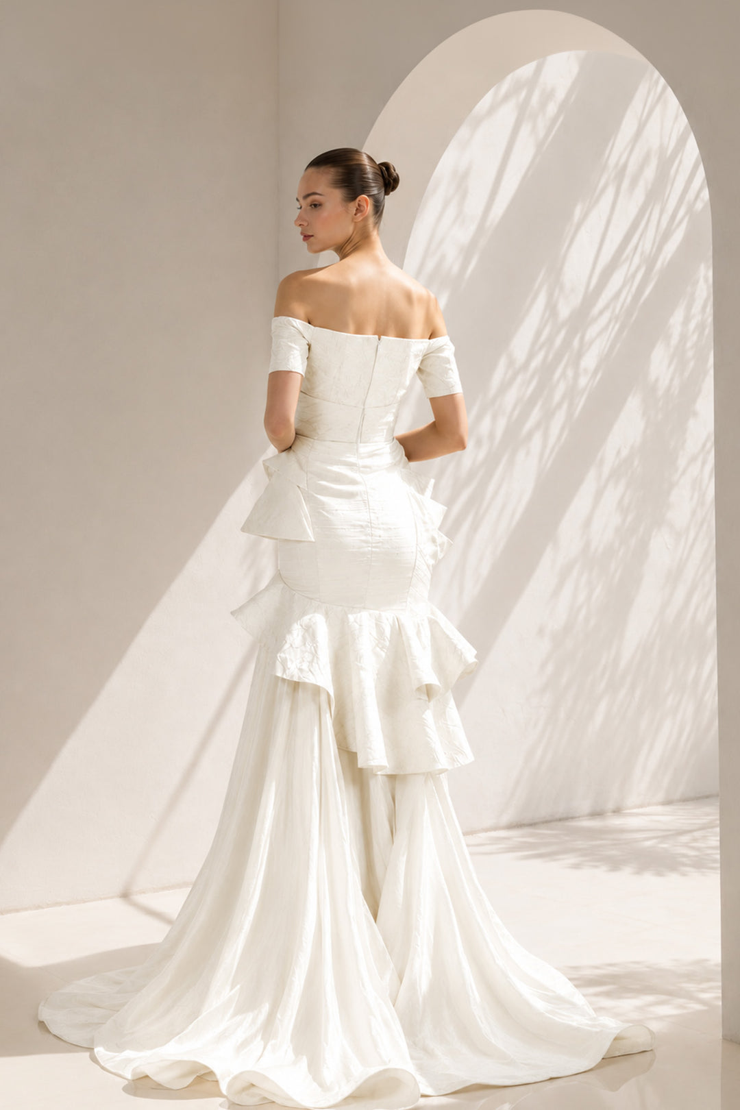 Gold Off-Shoulder Gown With Ruffled Hem