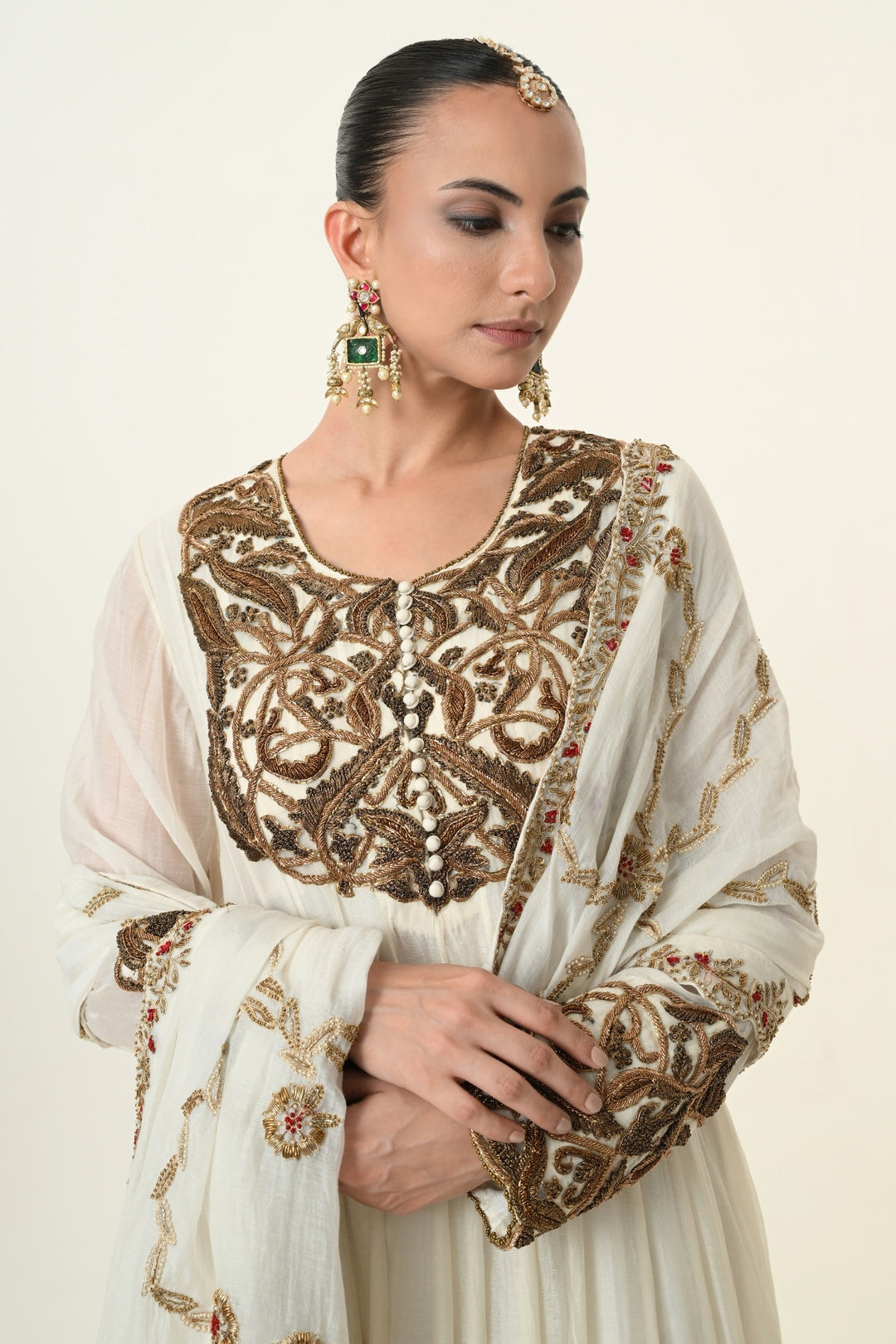 Ivory Antique Gold Yoke Anarkali with Dupatta