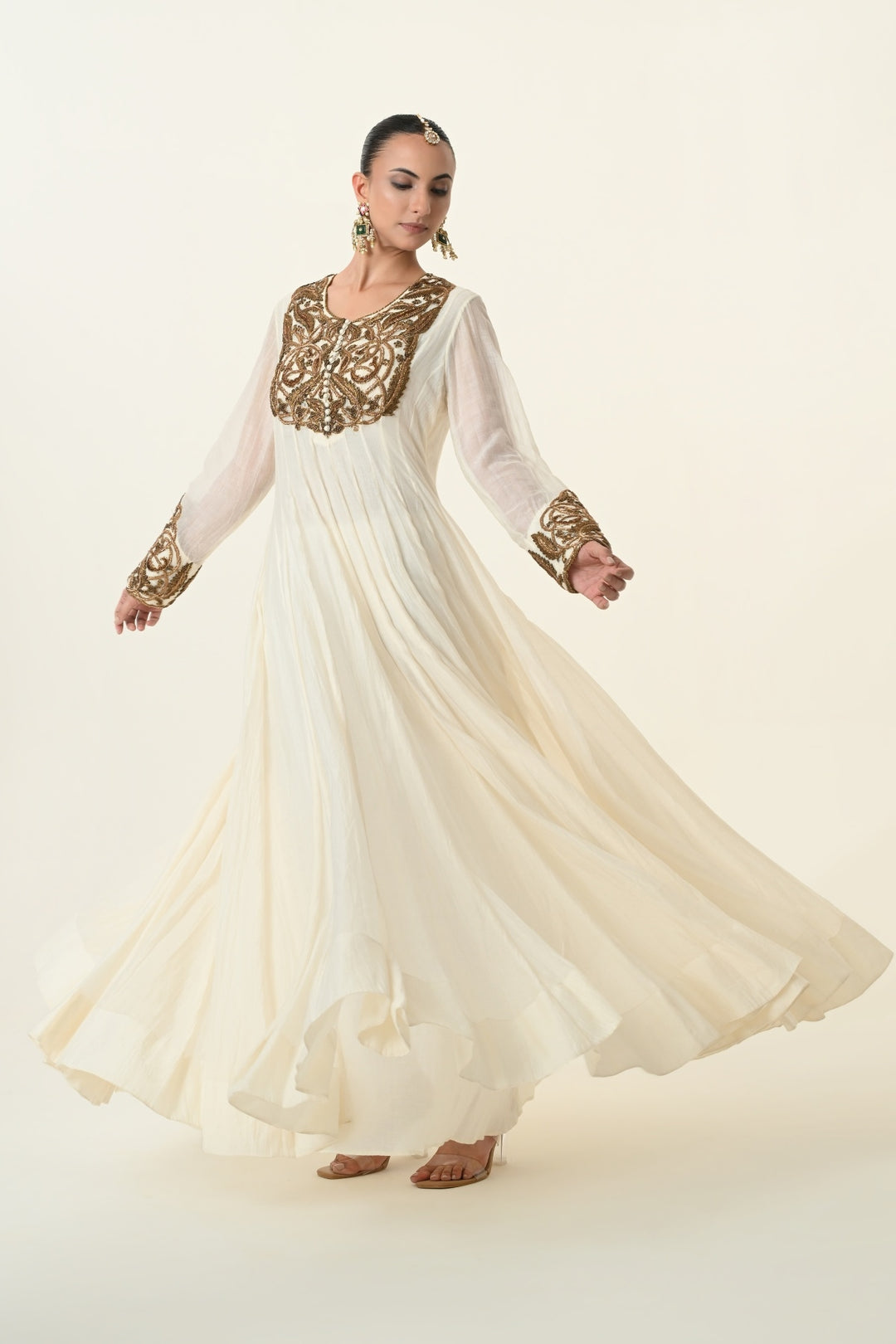 Ivory Antique Gold Yoke Anarkali with Dupatta