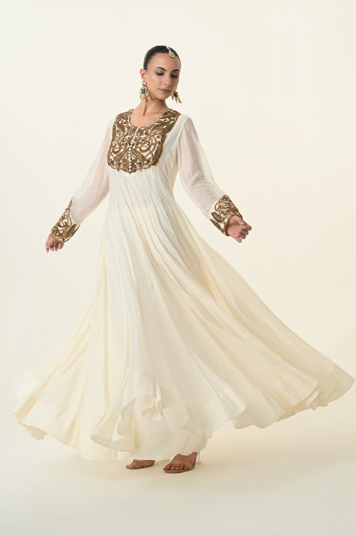 Ivory Antique Gold Yoke Anarkali with Dupatta