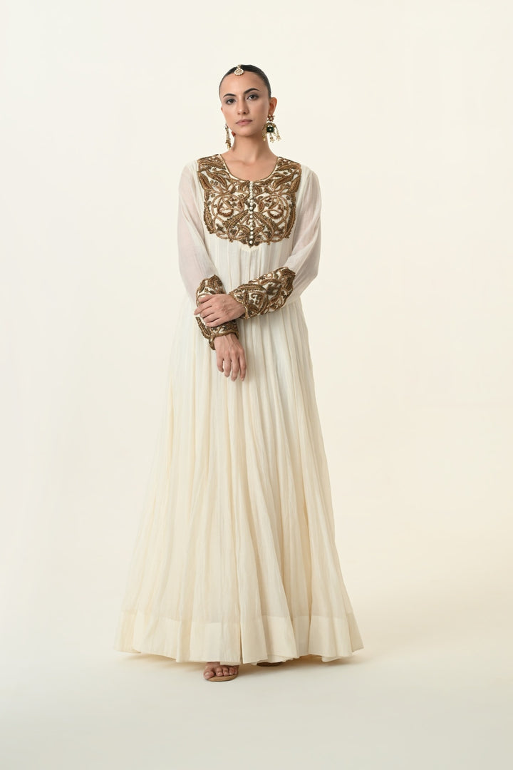 Ivory Antique Gold Yoke Anarkali with Dupatta