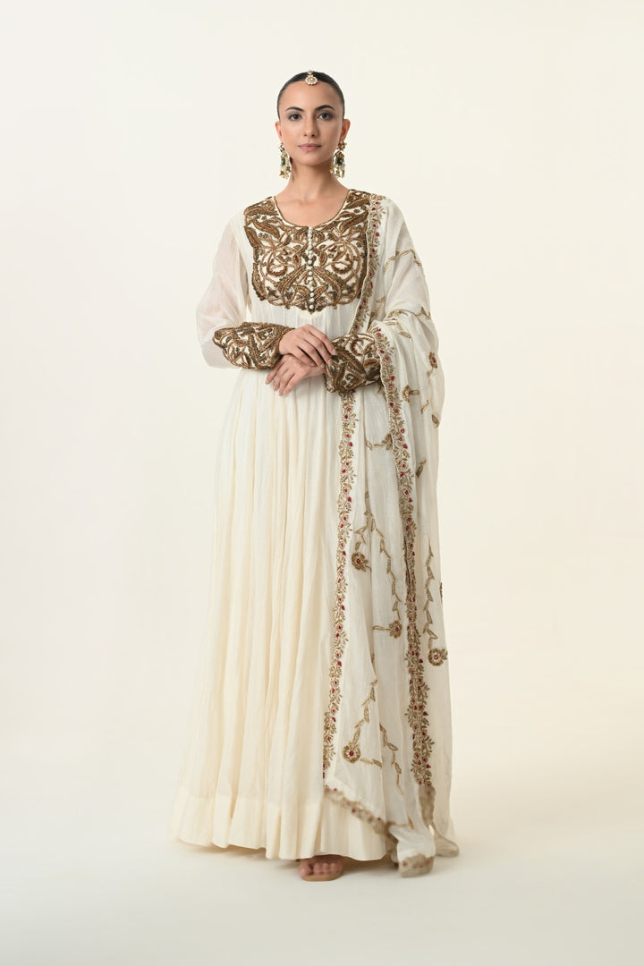 Ivory Antique Gold Yoke Anarkali with Dupatta