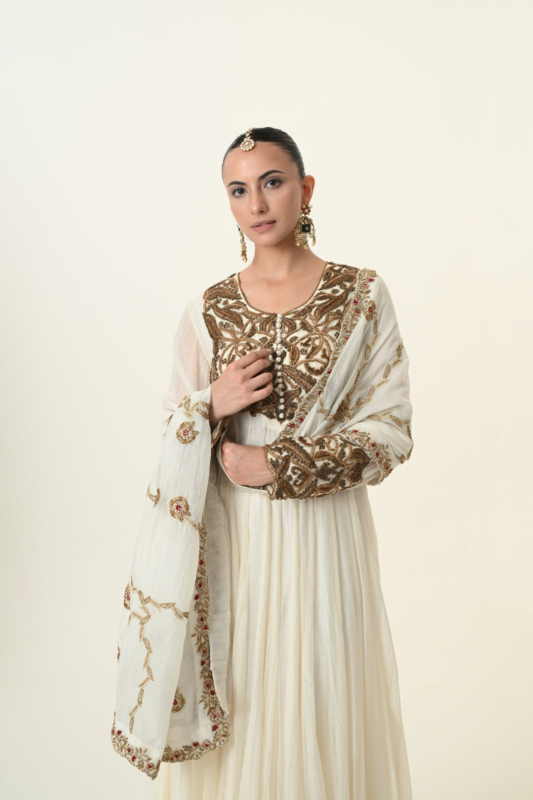 Ivory Antique Gold Yoke Anarkali with Dupatta