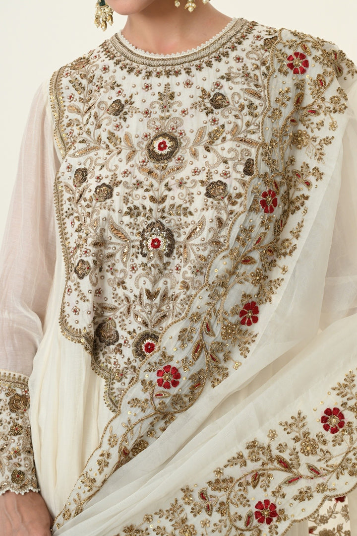 Ivory Crimson Accent Floral Anarkali with Embroidered Dupatta