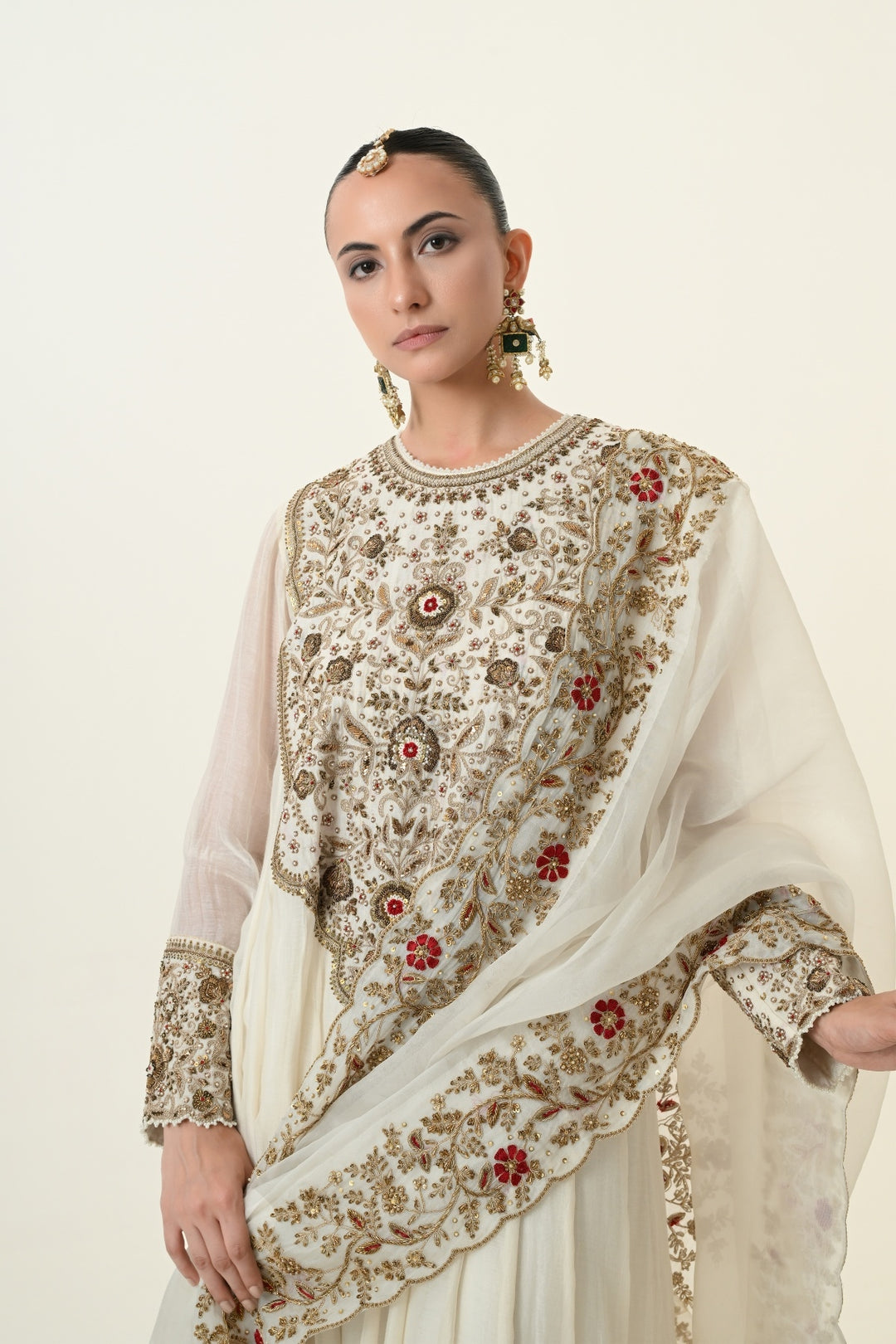 Ivory Crimson Accent Floral Anarkali with Embroidered Dupatta