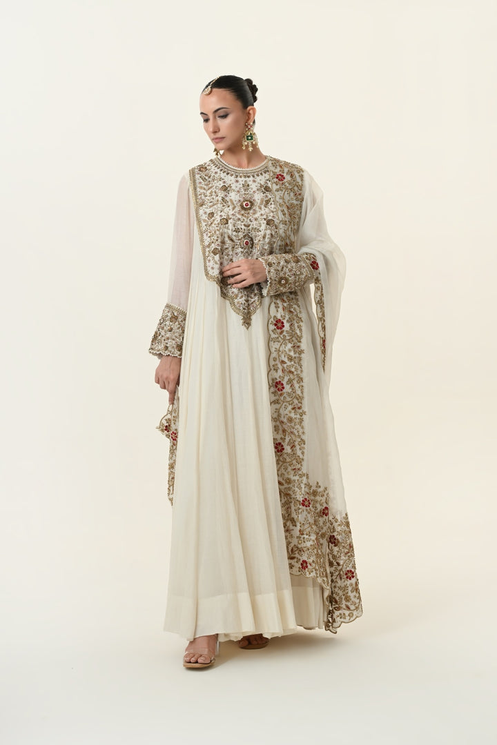 Ivory Crimson Accent Floral Anarkali with Embroidered Dupatta