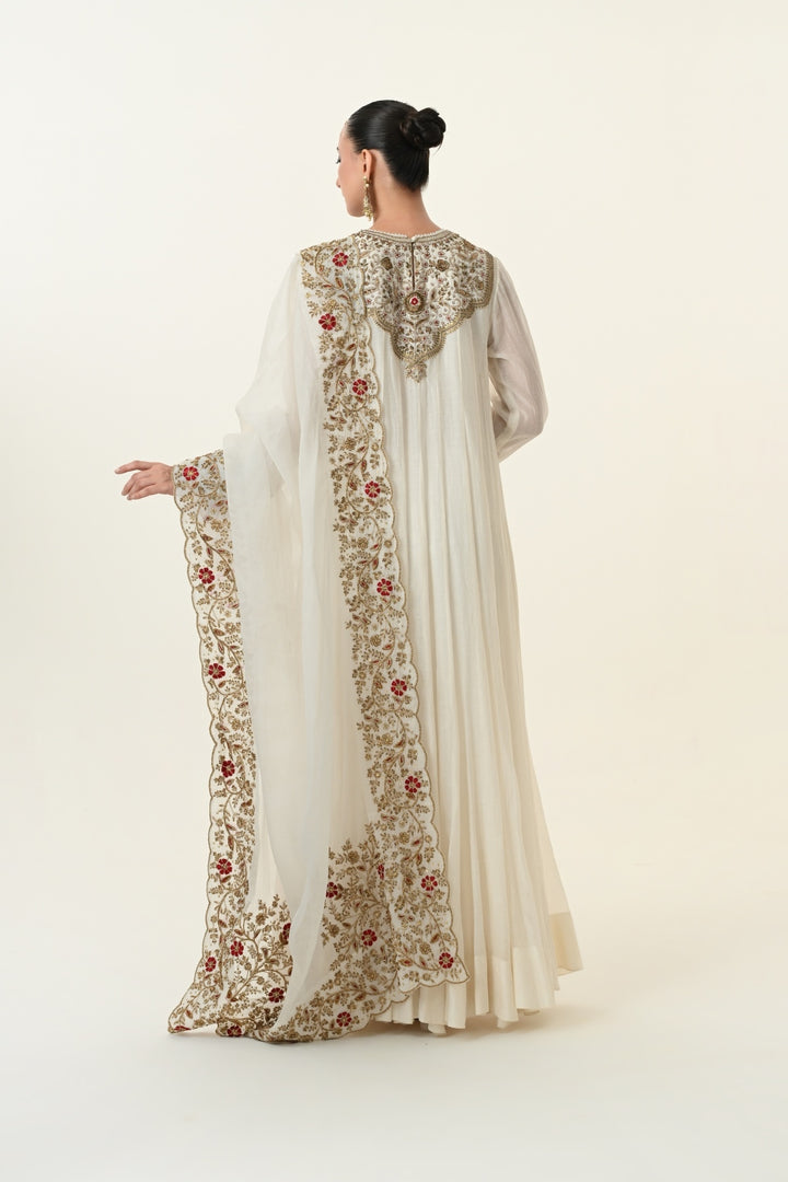 Ivory Crimson Accent Floral Anarkali with Embroidered Dupatta