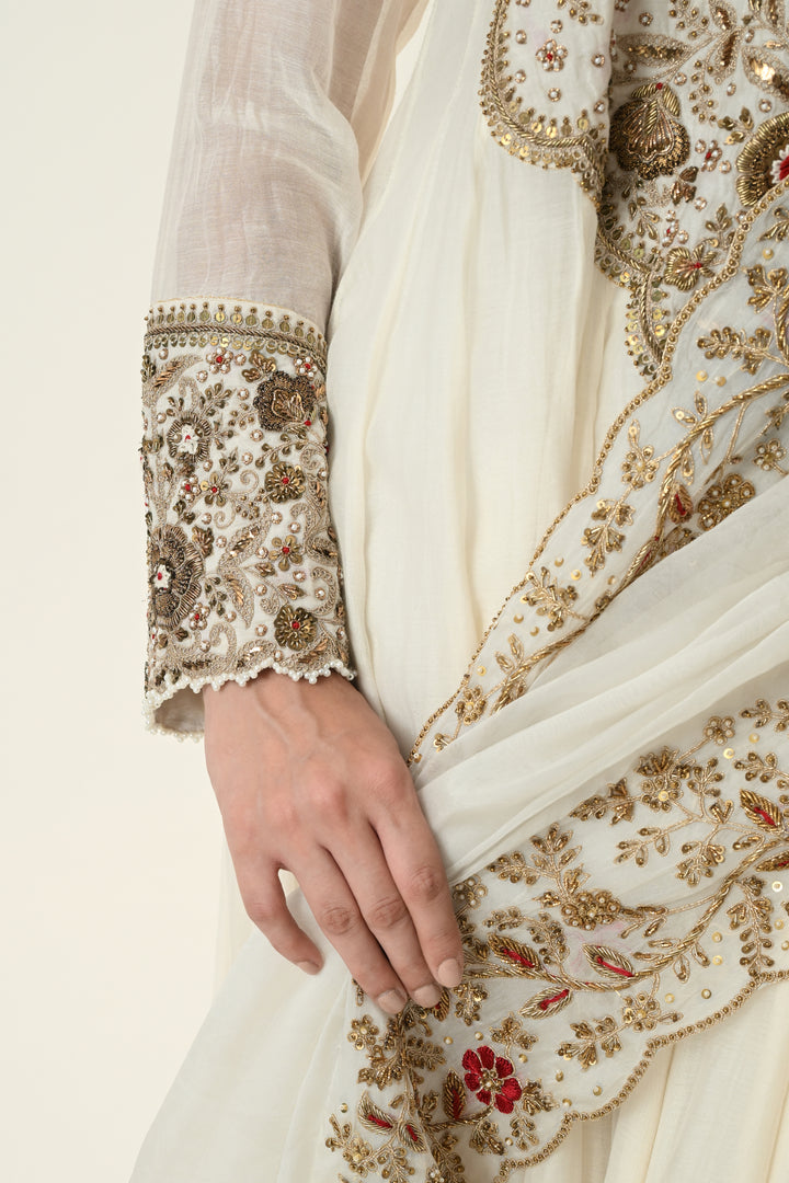 Ivory Antique Gold Floral Anarkali Set