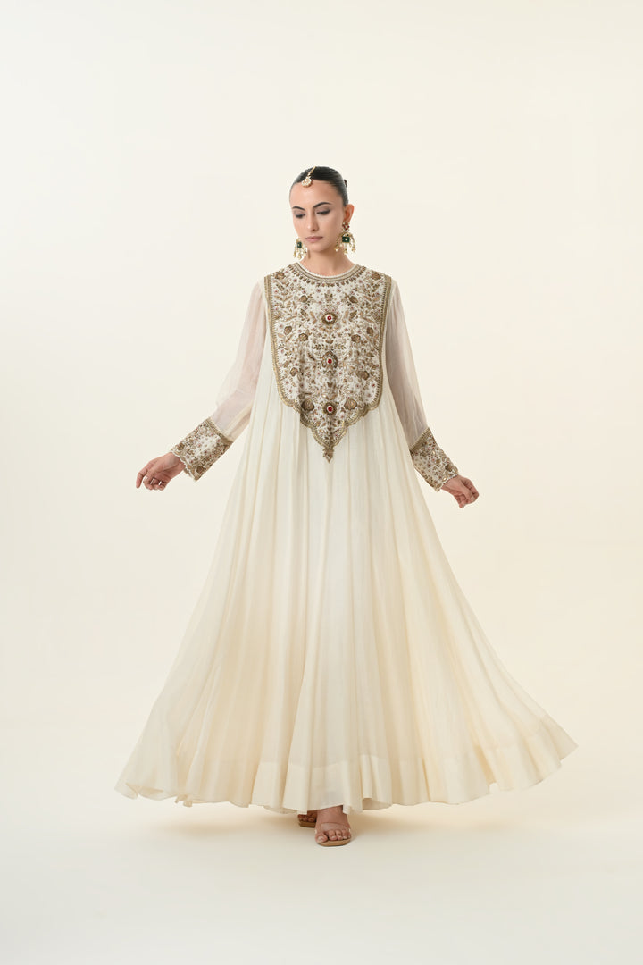 Ivory Antique Gold Floral Anarkali Set