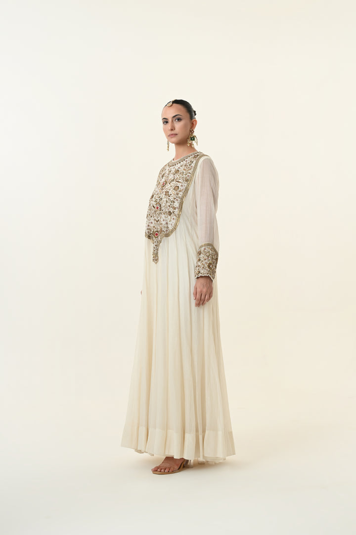 Ivory Antique Gold Floral Anarkali Set