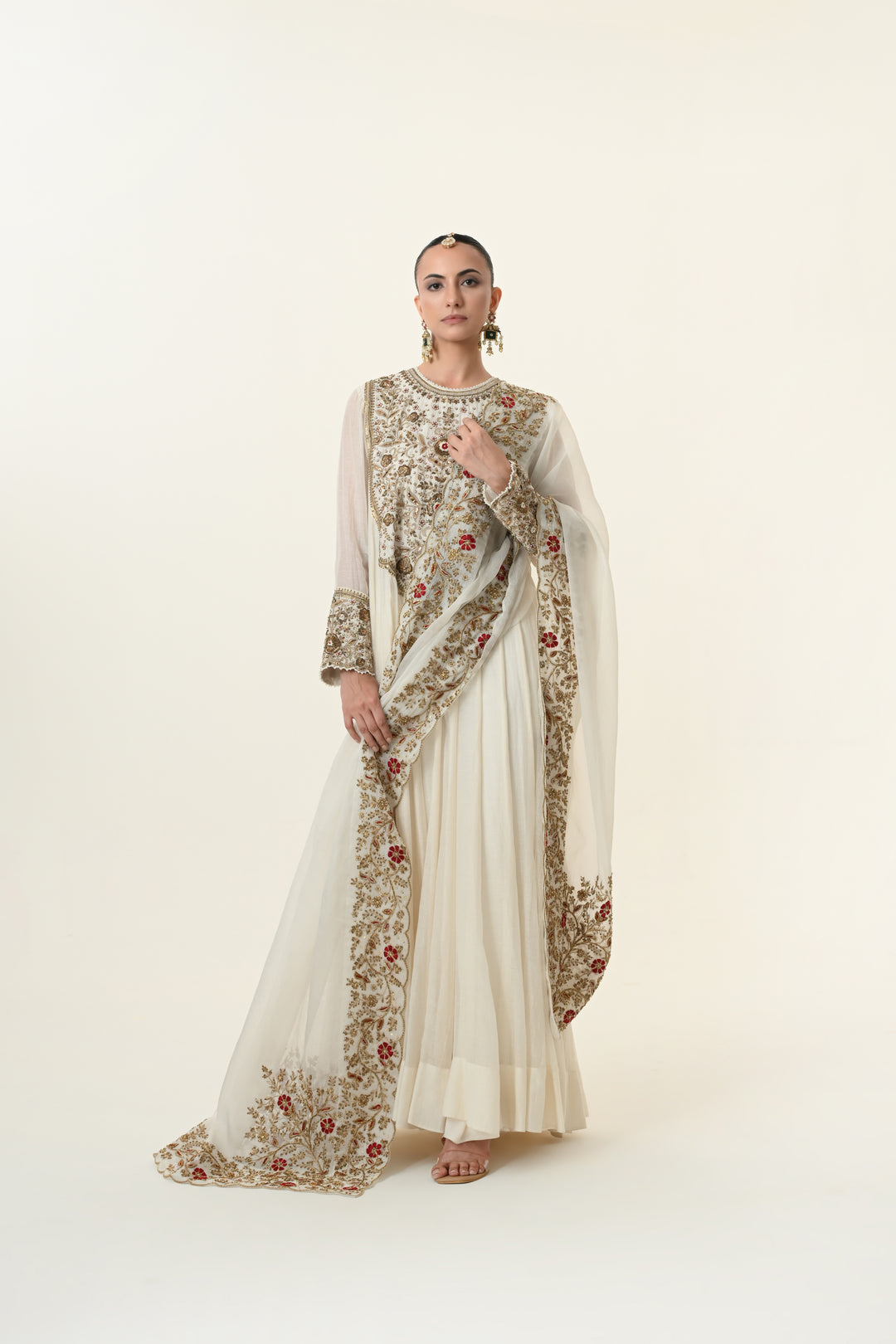 Ivory Antique Gold Floral Anarkali Set