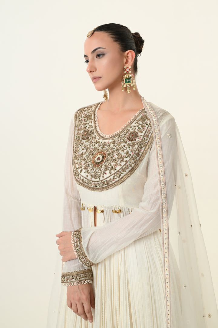 Ivory Floral Yoke Embroidered Anarkali