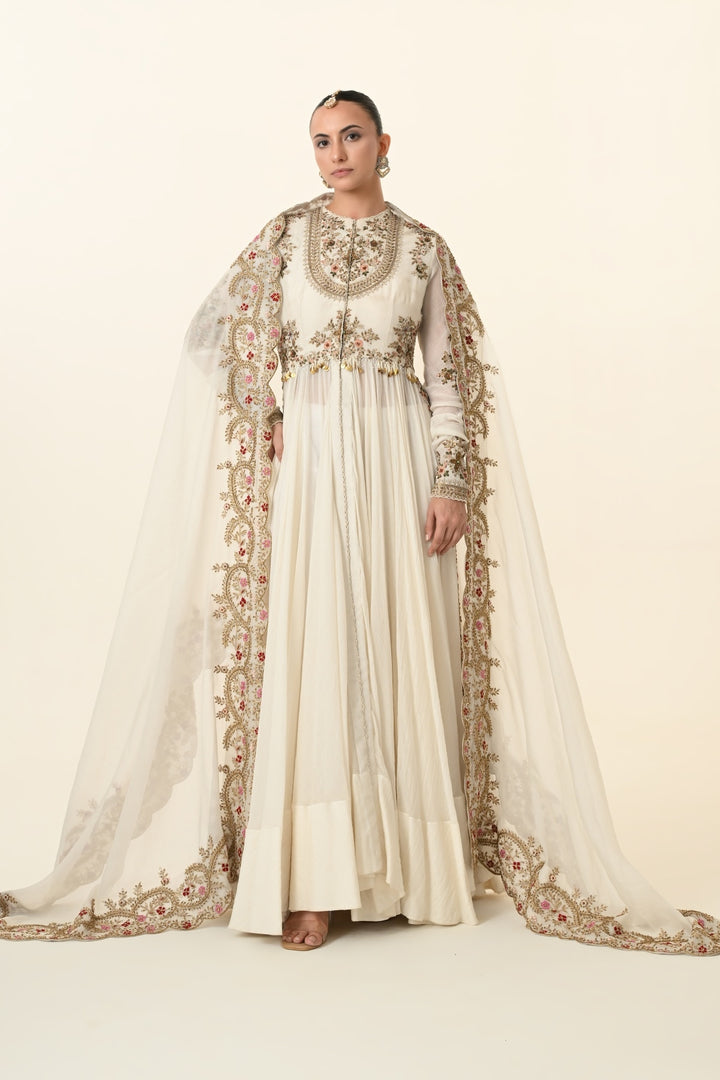 Ivory Embroidered Anarkali with Trailing Dupatta