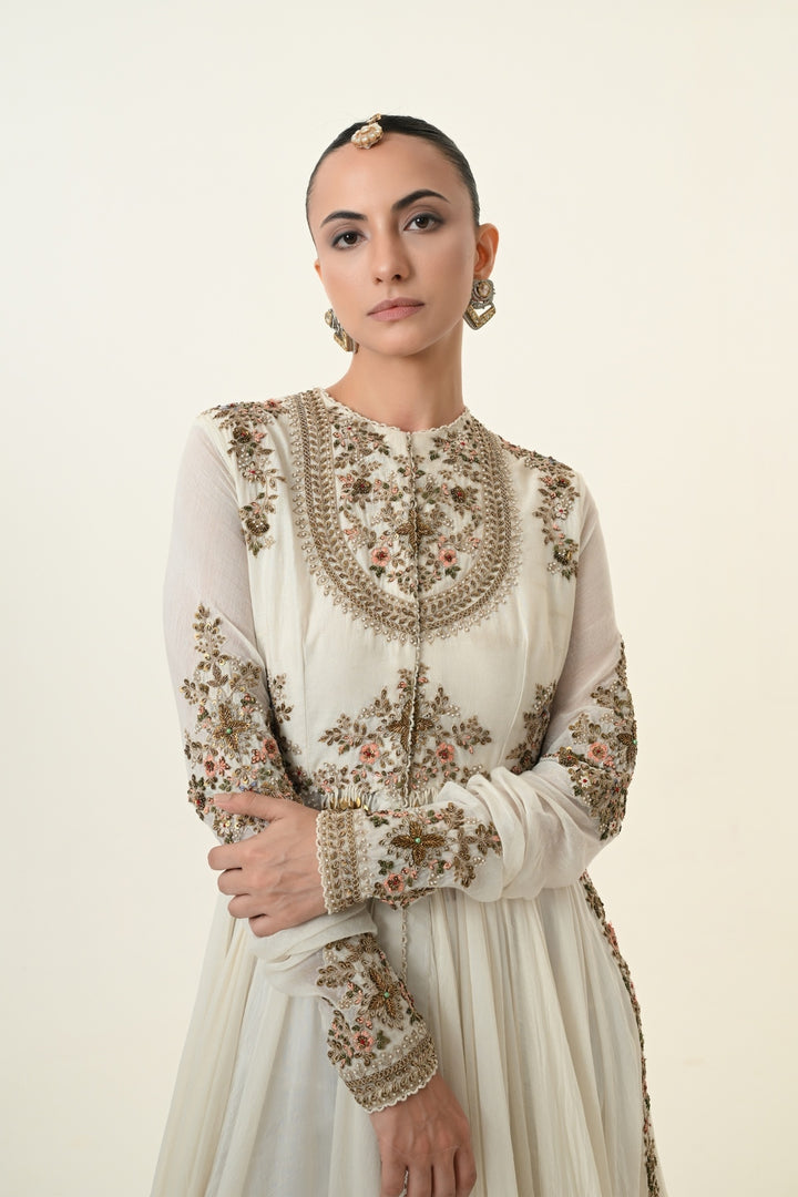 Ivory Embroidered Anarkali with Trailing Dupatta