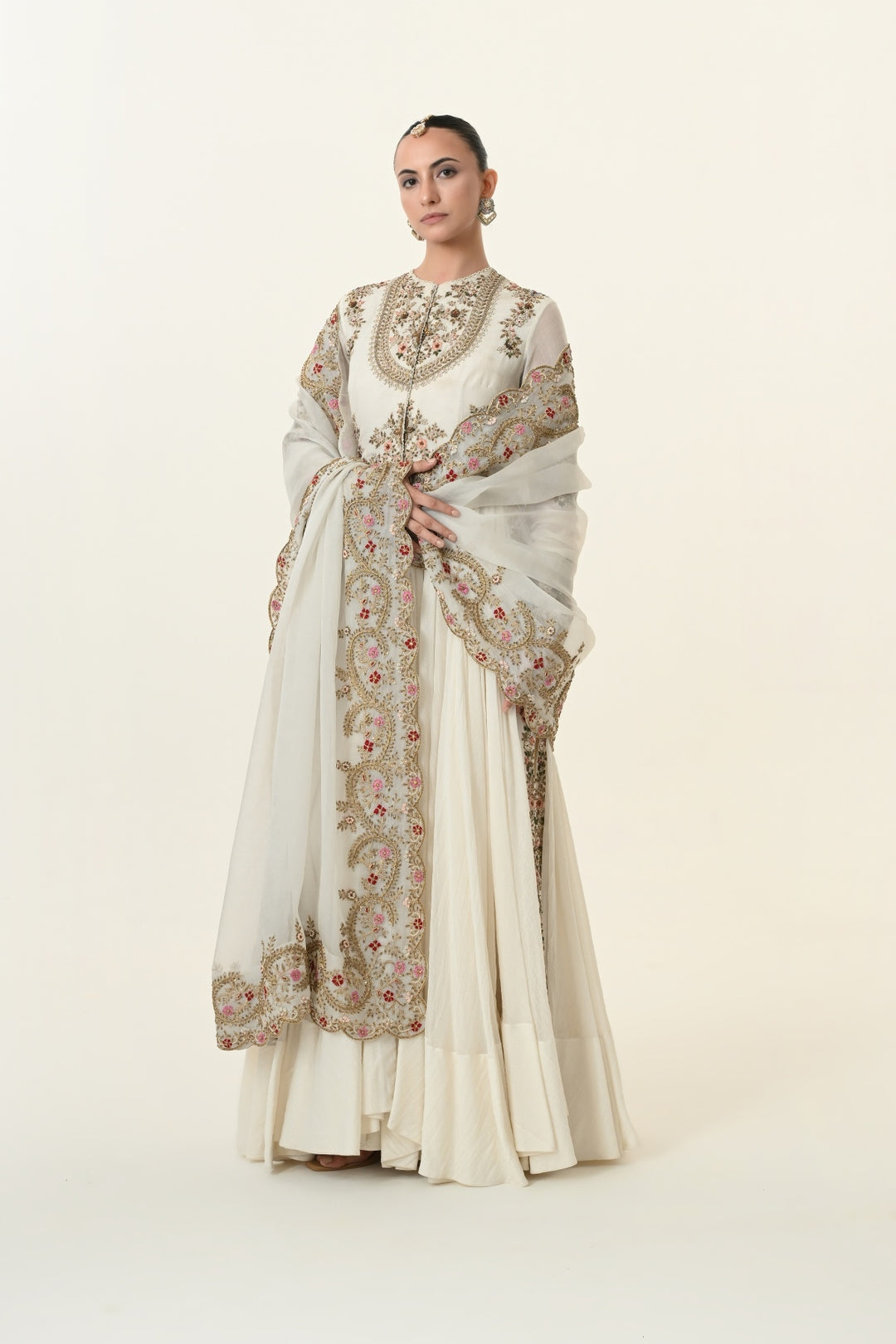Ivory Embroidered Anarkali with Trailing Dupatta