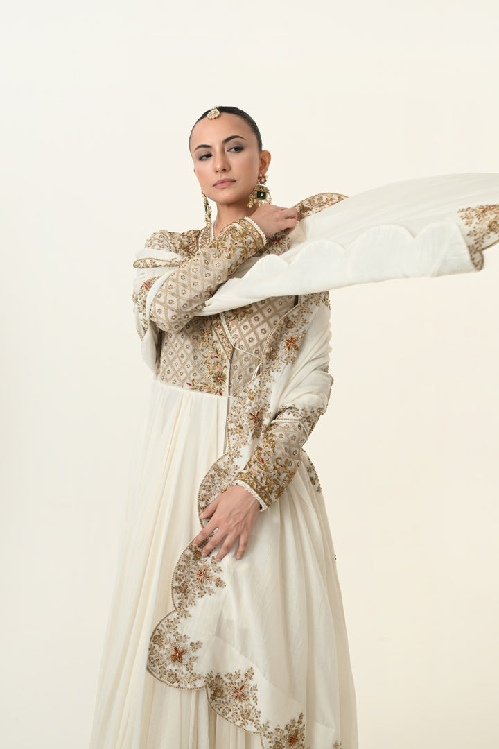 Ivory Geometric Jaal Angrakha Anarkali