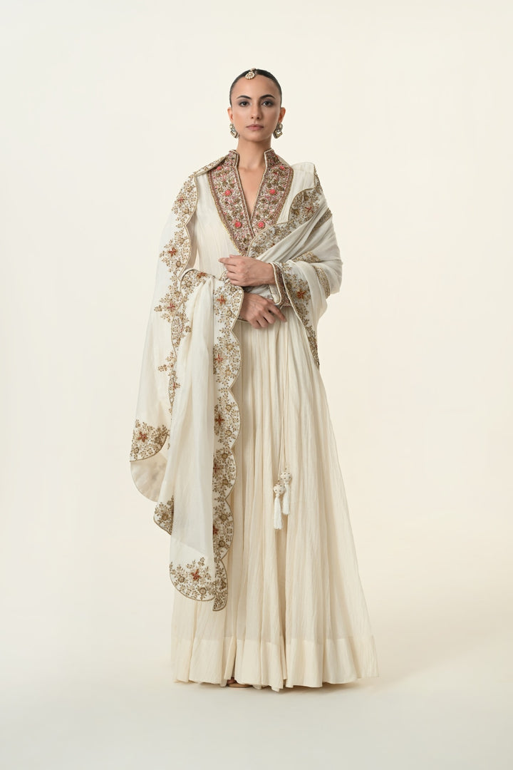Ivory Embroidered V-Neck Angrakha Anarkali