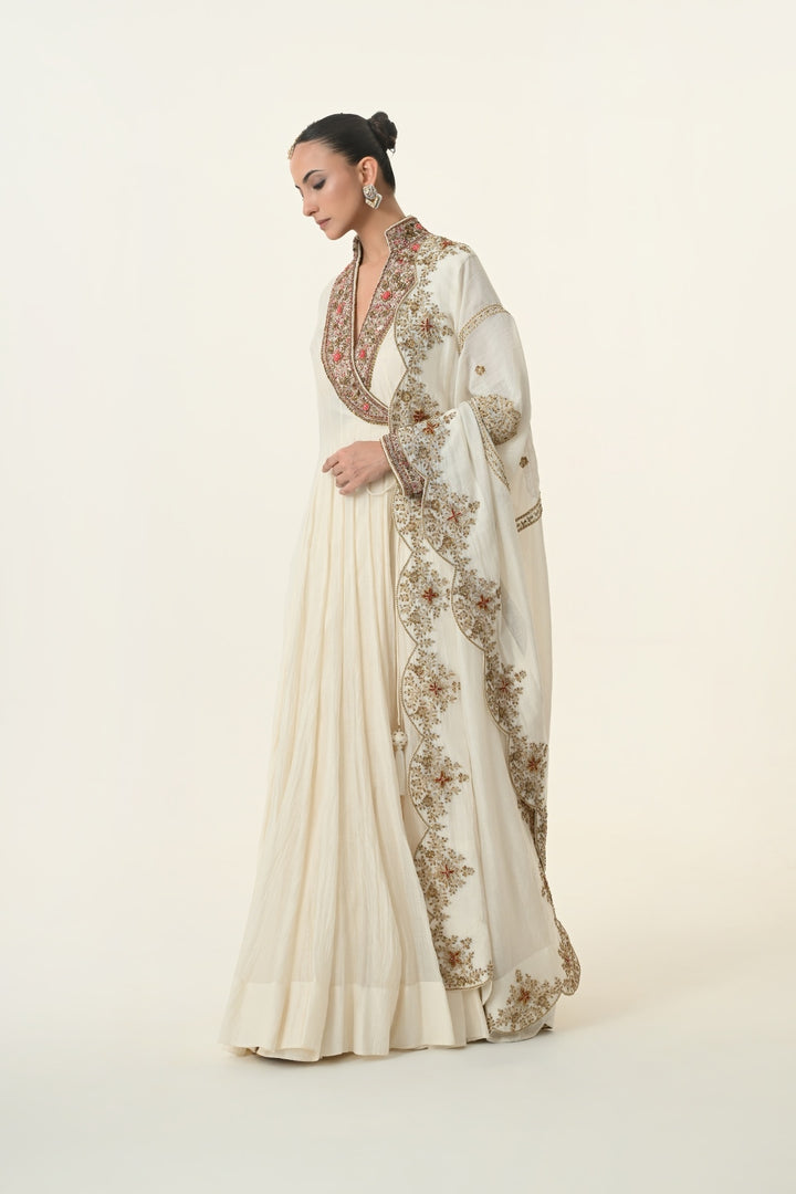Ivory Embroidered V-Neck Angrakha Anarkali
