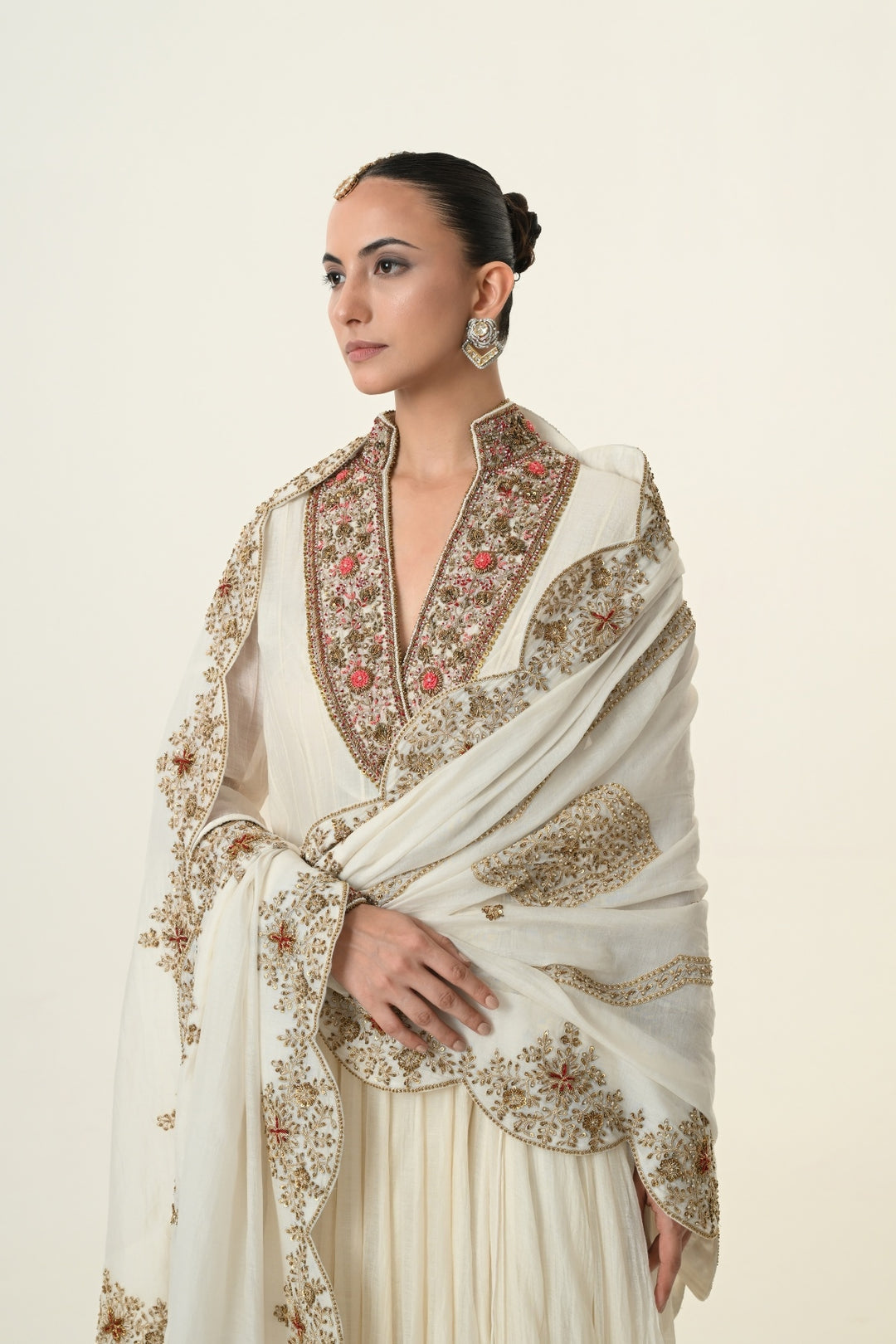 Ivory Embroidered V-Neck Angrakha Anarkali