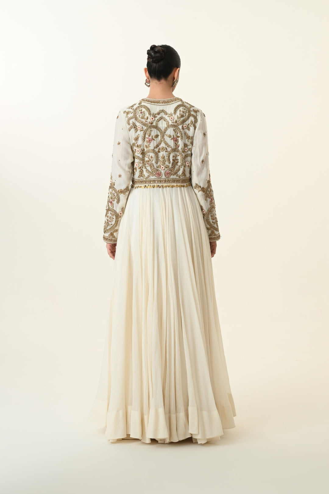 Ivory Front-Open Scrollwork Anarkali with Dupatta