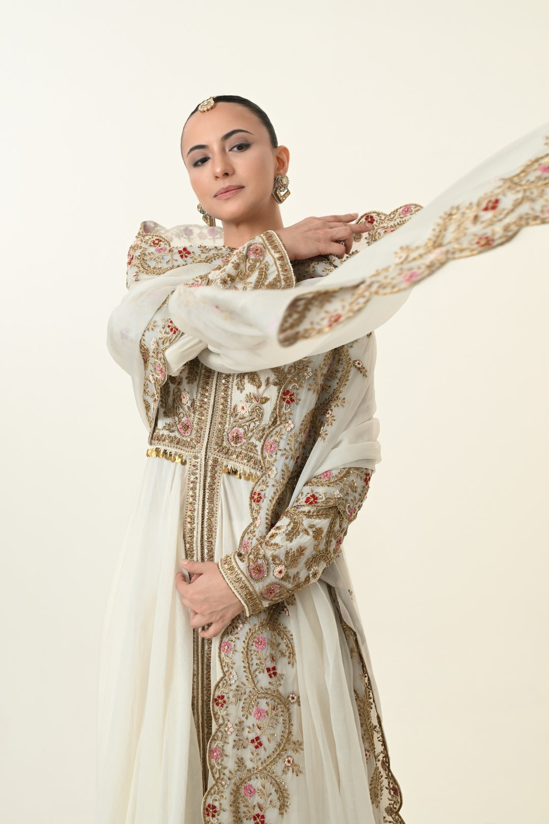 Ivory Front-Open Scrollwork Anarkali with Dupatta
