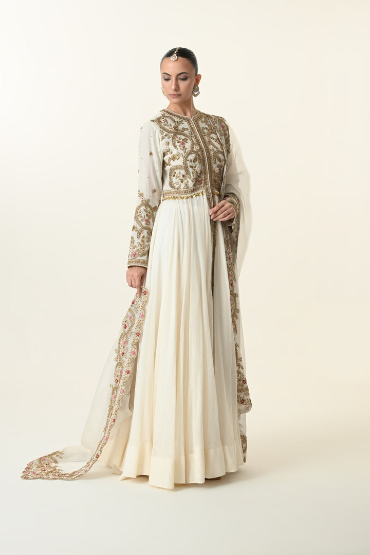 Ivory Front-Open Scrollwork Anarkali with Dupatta