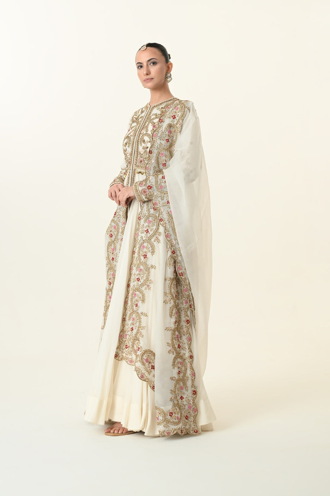 Ivory Front-Open Scrollwork Anarkali with Dupatta