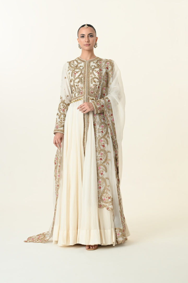 Ivory Front-Open Scrollwork Anarkali with Dupatta