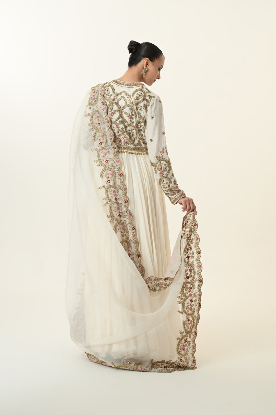 Ivory Front-Open Scrollwork Anarkali with Dupatta