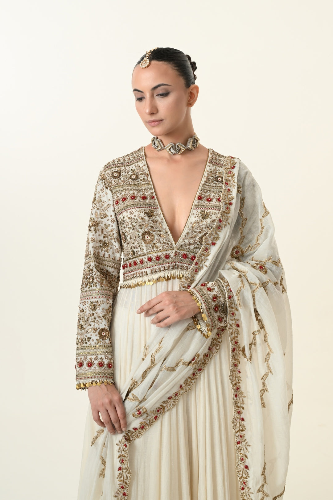 Ivory Deep V-Neck Ruby Accent Anarkali Set