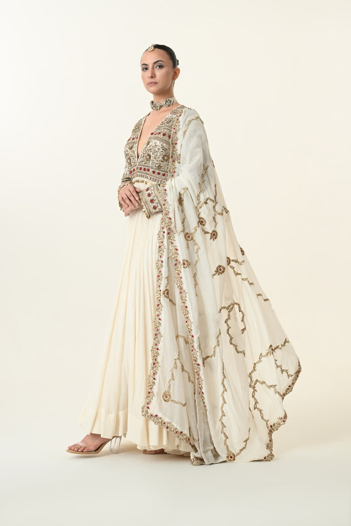 Ivory Deep V-Neck Ruby Accent Anarkali Set