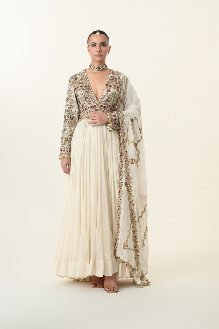 Ivory Deep V-Neck Ruby Accent Anarkali Set