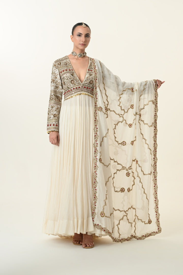 Ivory Deep V-Neck Ruby Accent Anarkali Set