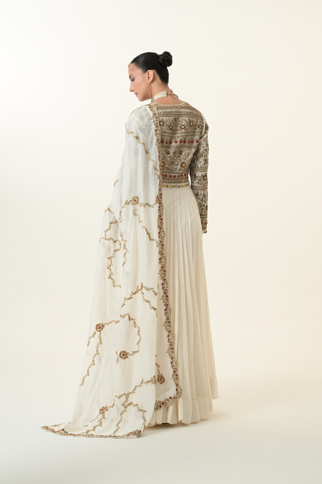 Ivory Deep V-Neck Ruby Accent Anarkali Set