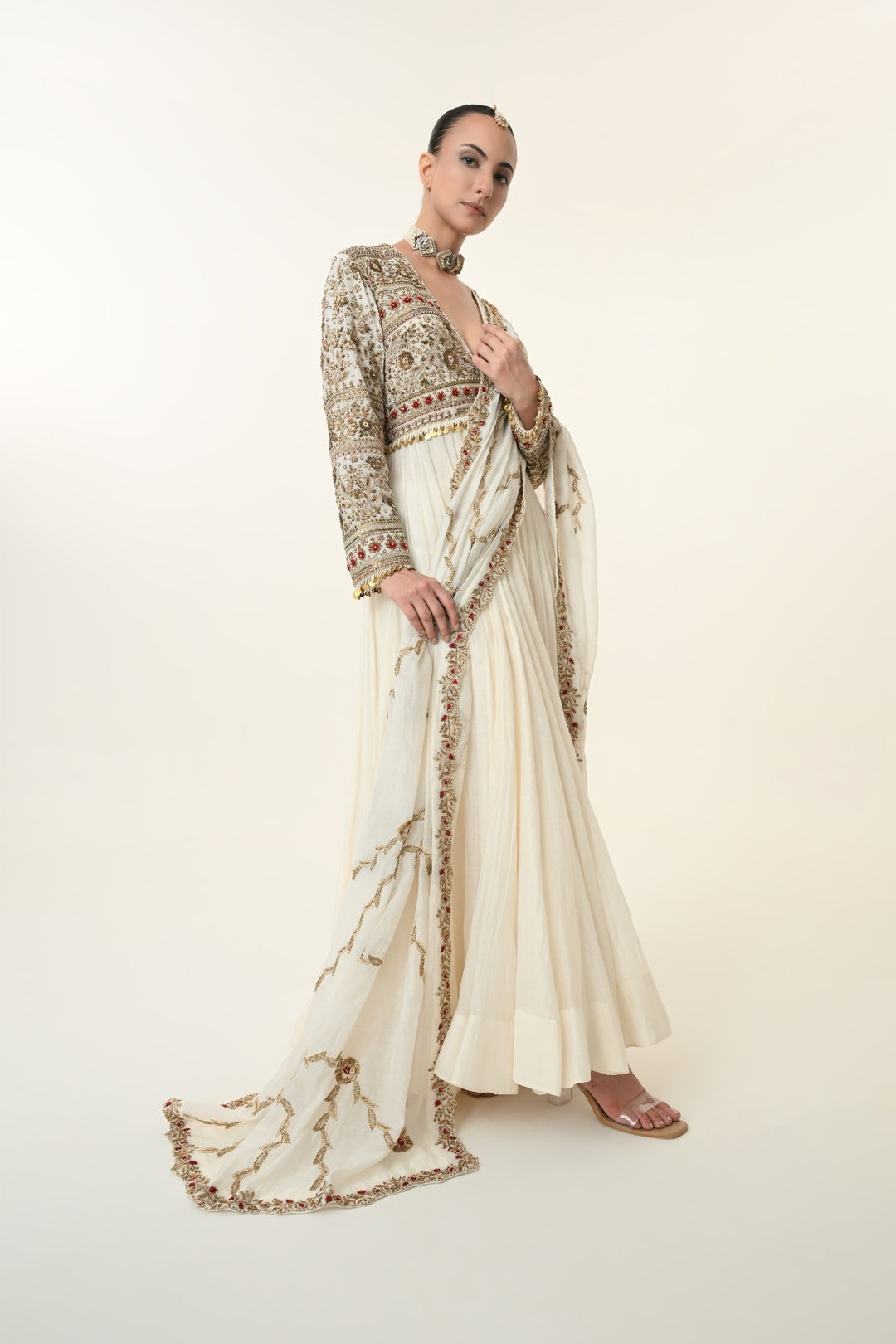 Ivory Deep V-Neck Ruby Accent Anarkali Set