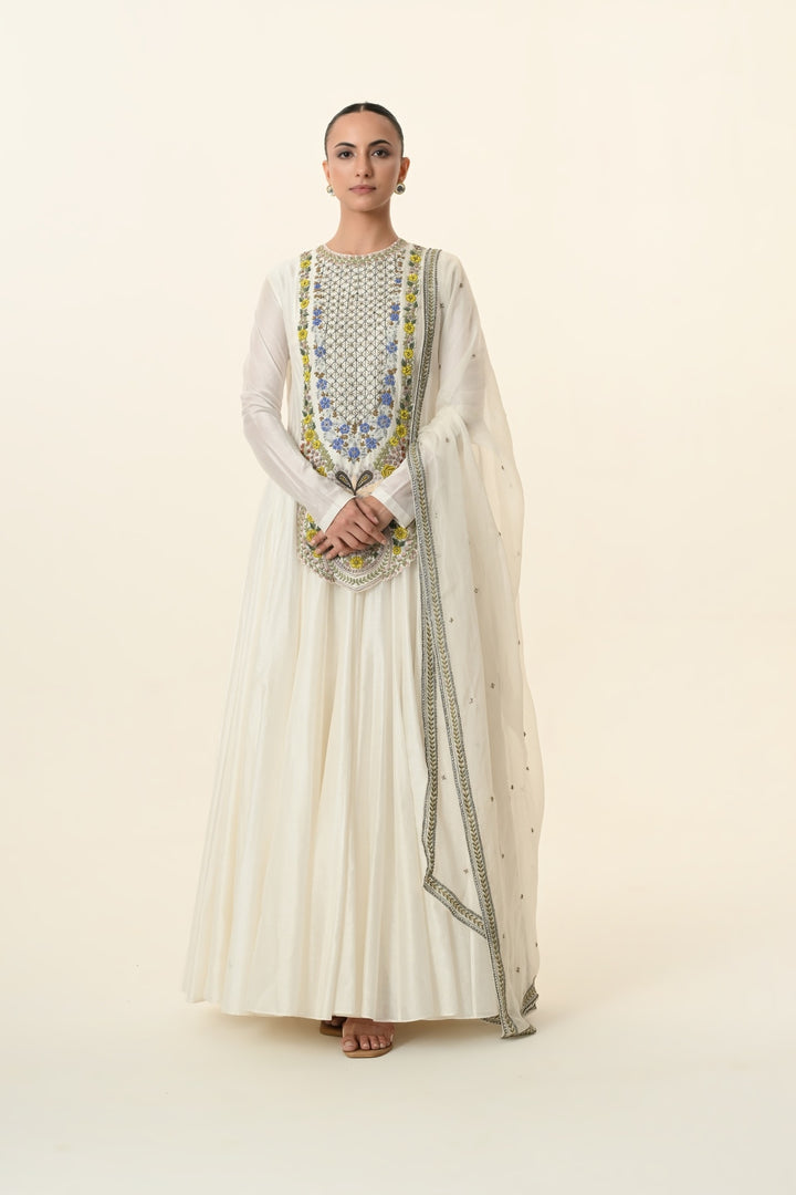 Ivory Multicolour Floral Panel Anarkali
