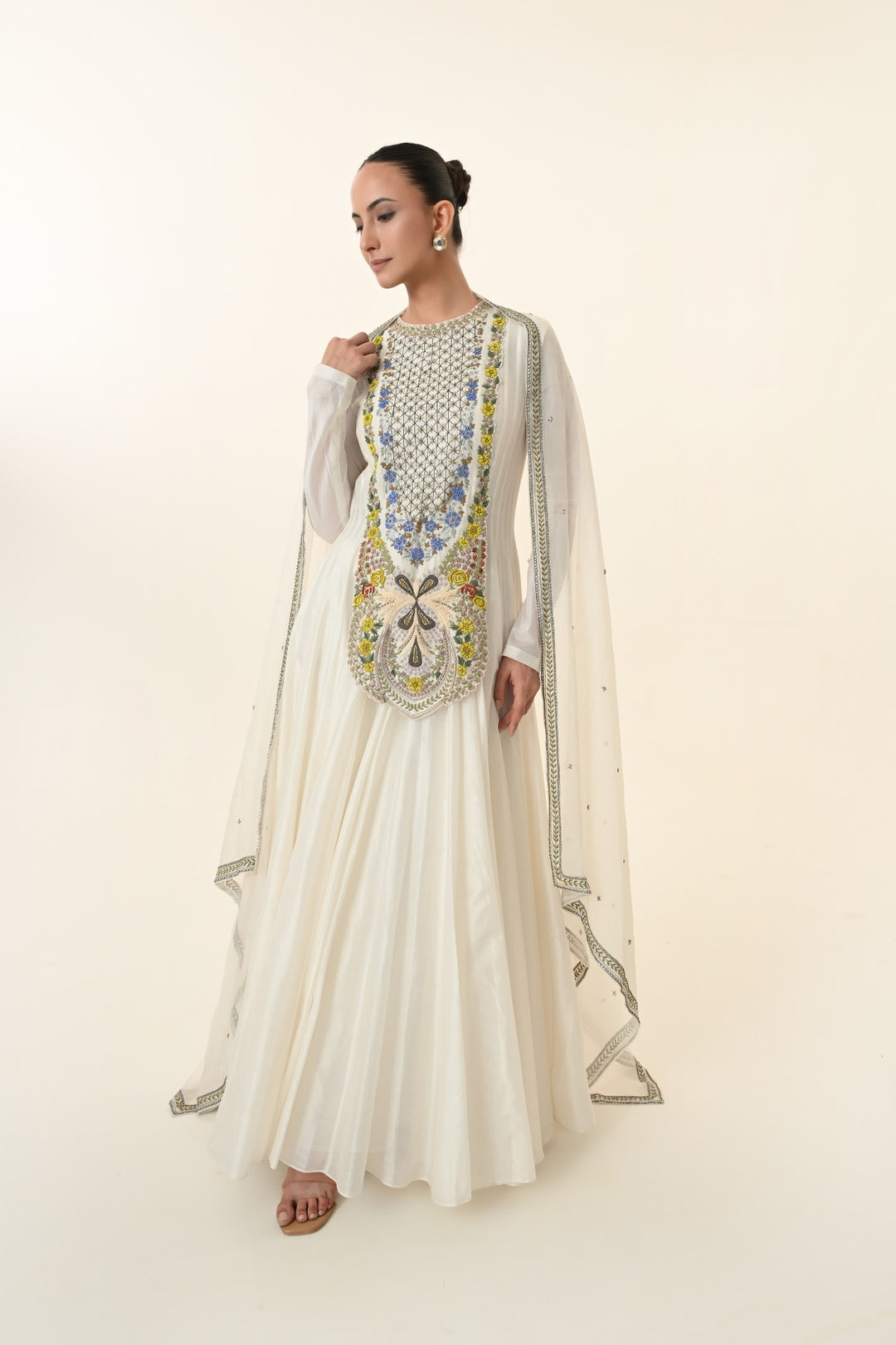 Ivory Multicolour Floral Panel Anarkali