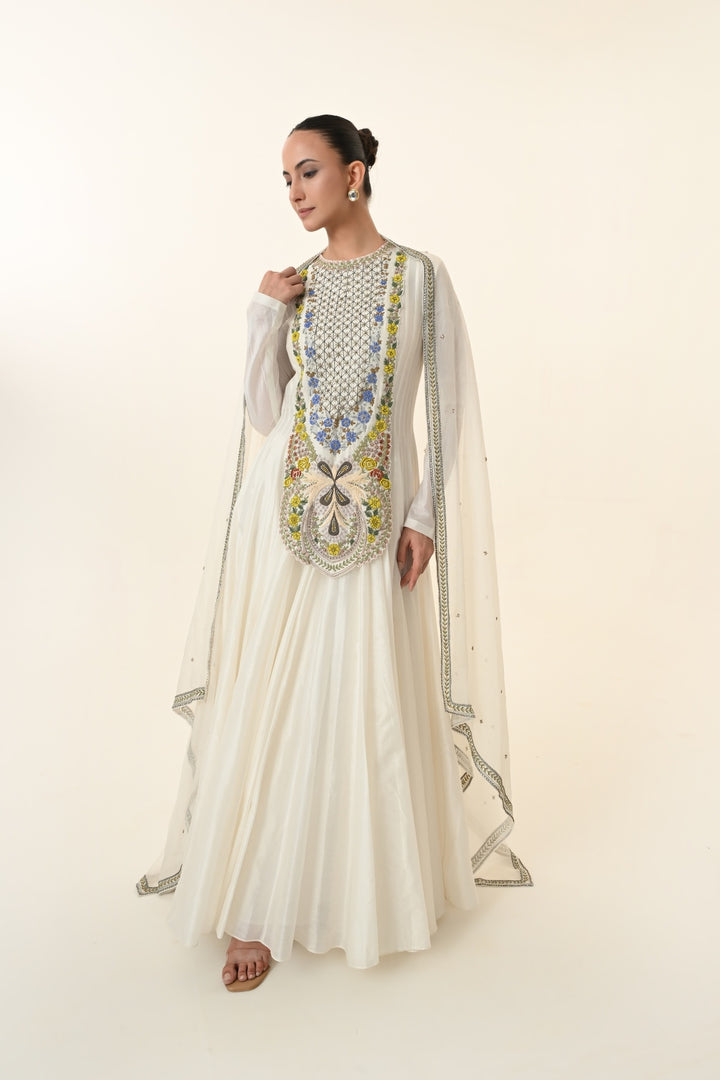 Ivory Multicolour Floral Panel Anarkali
