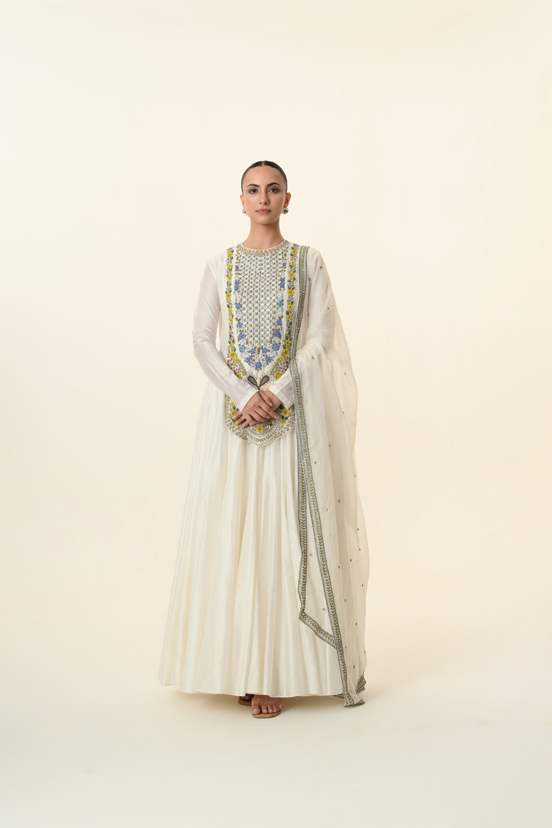 Ivory Multicolour Geometric Embroidered Anarkali