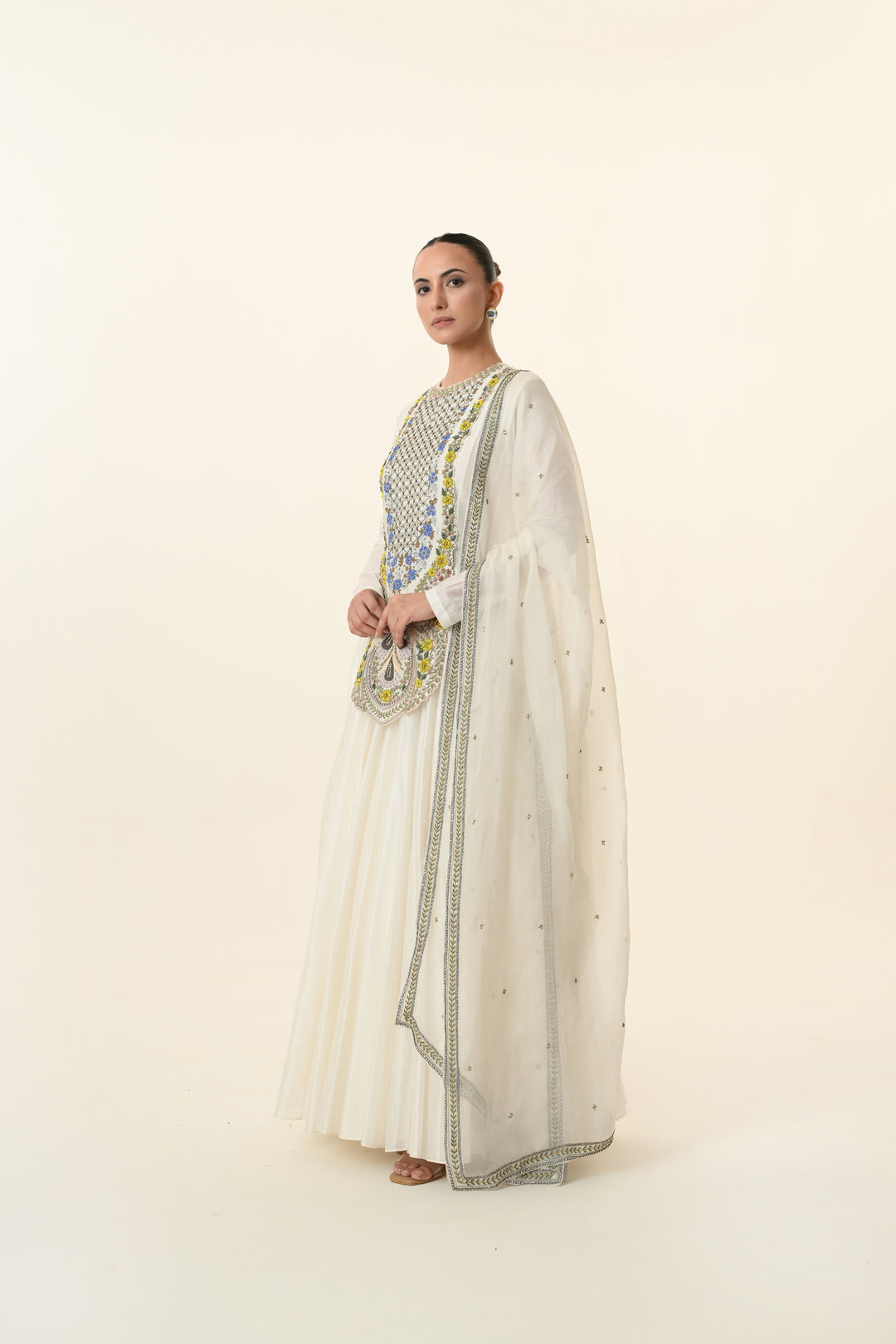 Ivory Multicolour Geometric Embroidered Anarkali